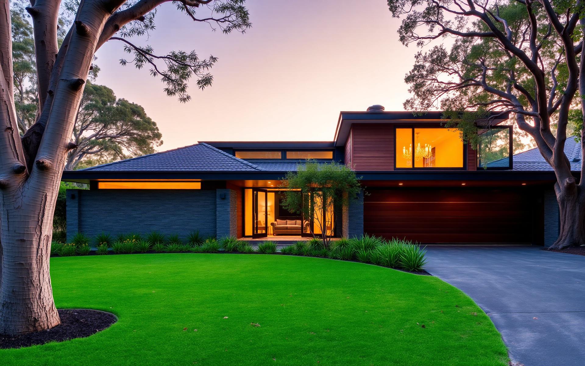Custom home exterior at dusk